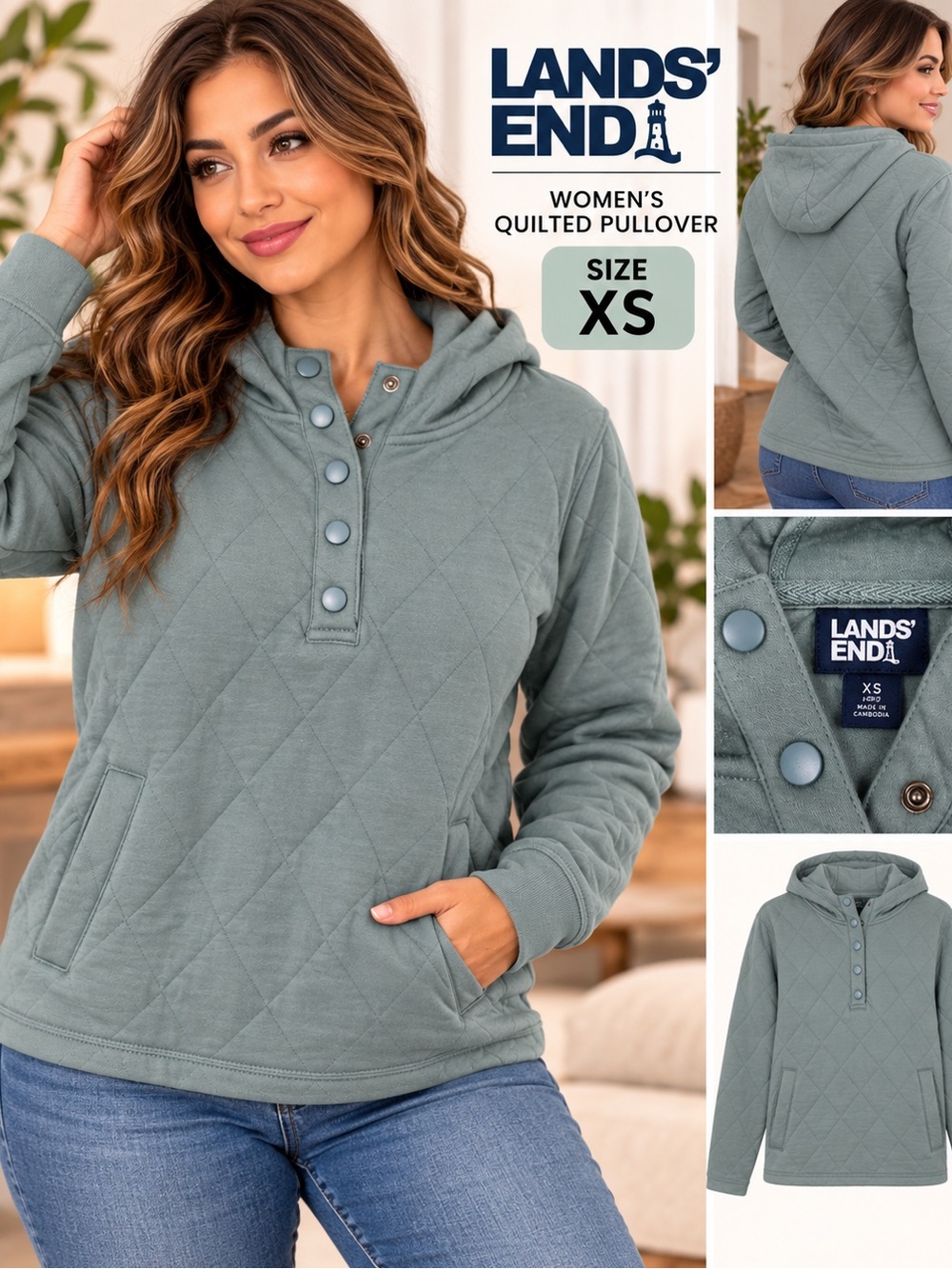 Lands' End Women's Quilted Pullover Hoodie in Sage